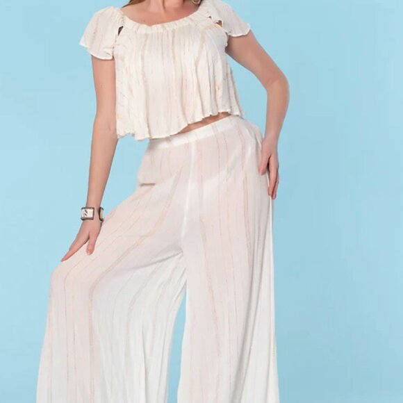 Ranees Off-Shoulder Top & Wide-Leg Pants palazzo Two-Piece White Bohemian Set - Picture 3 of 7